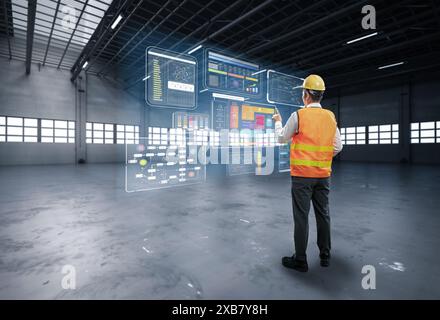 Asian worker or engineer work at warehouse with digital tablet Stock Photo