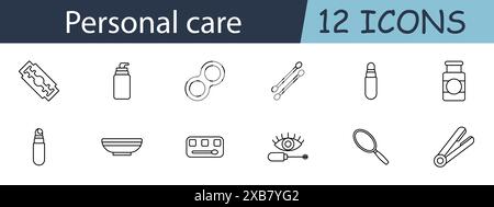 Personal care set icon. Includes razor, lotion, makeup, hygiene, and grooming symbols. Ideal for beauty, skincare, and personal hygiene concepts. Vect Stock Vector