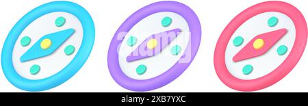 Compass navigation location measurement direction orientation with arrow 3d icon set realistic vector illustration. Journey discovery technology carto Stock Vector