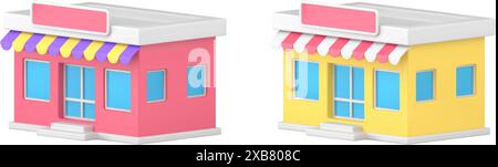 Shop local store awning street showcase exterior commercial market purchase 3d icon realistic vector illustration. Shopping commerce supermarket build Stock Vector