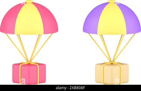 Express delivery service parachute cardboard box flying cargo transportation 3d icon set realistic vector illustration. Freight shipment logistic dist Stock Vector