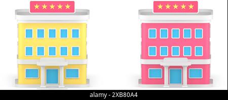 Hotel five stars small local resort building with entrance and windows 3d icon set realistic vector illustration. Real estate apartment travel vacatio Stock Vector