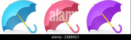 Open umbrella fashion accessory rain sun shadow protection 3d icon set realistic vector illustration. Parasol safety overcast rainy weather autumn spr Stock Vector