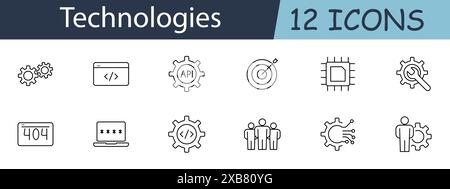 Technologies set icon. Includes coding, API, gears, computer, and network symbols. Perfect for IT, software development, and tech services concepts. V Stock Vector