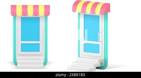 Online shopping awning store smartphone interface internet purchasing 3d icon set realistic vector illustration. Mobile phone cyberspace commercial ma Stock Vector