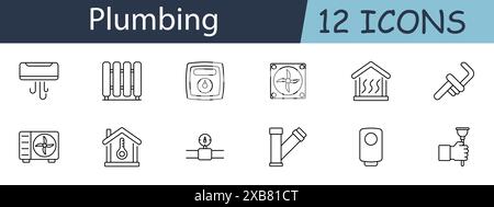 Plumbing set icon. Includes HVAC, pipes, radiators, and tools symbols. Suitable for heating, cooling, and plumbing services concepts. Vector line icon Stock Vector