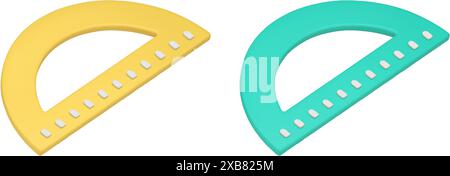 Protractor corner tilt geometric measure curved instrument engineering learning 3d icon set realistic vector illustration. Angle degree scale measurin Stock Vector