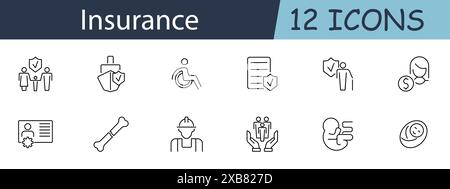 Insurance set icon. Family protection, shield, wheelchair, policy, compensation, ID card, bone fracture, worker, safe hands, baby, dollar. Insurance c Stock Vector