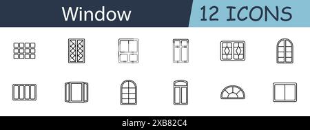 Window set icon. Includes various window types, frames, and architectural symbols. Ideal for home design, building, and renovation concepts. Vector li Stock Vector