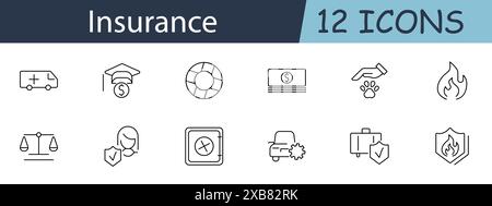 Insurance set icon. Includes symbols for health, life, car, and property insurance. Ideal for financial security, coverage, and risk management concep Stock Vector