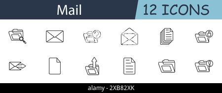 Mail set icon. Folder, envelope, query, inbox, outbox, document, sent, received, attachment, message, communication. Email concept. Vector line icon o Stock Vector