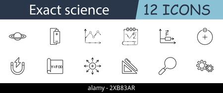 Exact science set icon. Planet, battery, graph, square root, force, particle, magnet, function, vector, protractor, magnifier, gears. Scientific conce Stock Vector