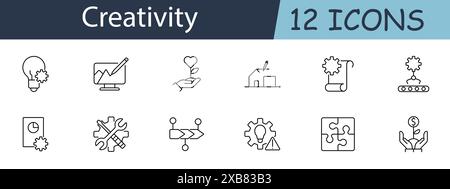 Creativity set icon. Includes symbols for idea generation, design, innovation, and problem-solving. Suitable for creative processes, brainstorming, an Stock Vector