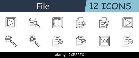 File set icon. Play, pause, search, star, delete, add, zoom in, zoom out, forward, backward, document, checkmark. Document management, multimedia cont Stock Vector