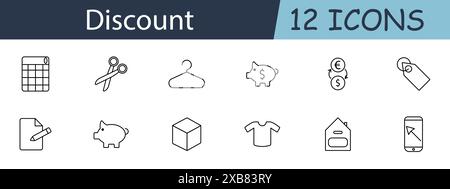 Discount set icon. Calendar, scissors, hanger, piggy bank, exchange, tag, note, cube, shirt, house, smartphone. Sale concept. Vector line icon on whit Stock Vector