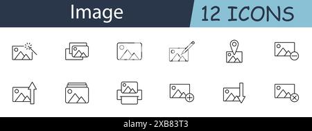 Image set icon. Photo, magic wand, gallery, edit, location, upload, download. Image management, photo editing, digital media, visual content concept. Stock Vector