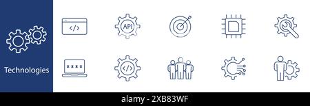 Technologies set icon. Coding, API, target, chip, settings, team, cybersecurity, circuit. Programming, technology development, IT solutions, tech supp Stock Vector