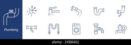 Plumbing set icon. Pipe, faucet, leak, washing machine, plumber. Plumbing services, water supply, home maintenance, leak repair concept. Stock Vector