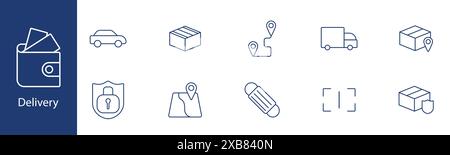 Delivery set icon. Car, package, route, truck, location, shield, map, mask, secure, logistics. Shipping, transportation, delivery services, package tr Stock Vector
