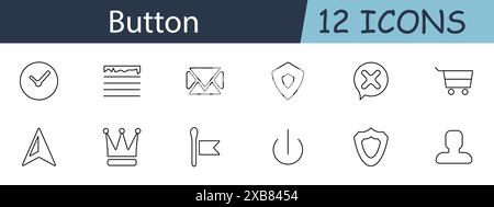 Button set icon. Checkmark, menu, envelope, shield, cancel, cart, arrow, crown, flag, power, profile. UI design concept. Vector line icon on white bac Stock Vector