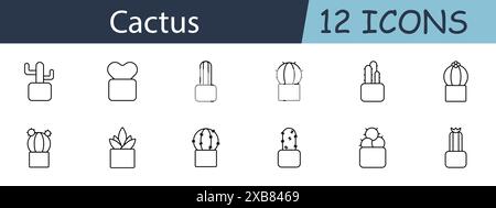 Cactus set icon. Different types of cacti in pots. Plant care, succulent collection, desert flora, botanical illustration concept. Stock Vector