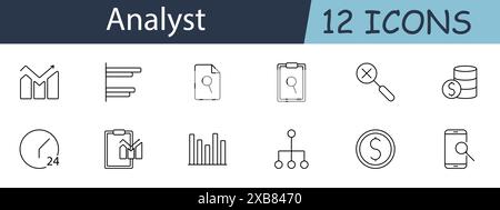 Analyst set icon. Graph, bar chart, report, clipboard, magnifying glass, dollar coins, clock, statistics, hierarchy, financial, smartphone, analysis. Stock Vector