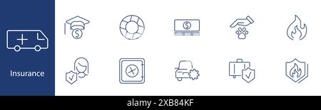Insurance set icon. Ambulance, graduation cap, money stack, paw, fire, shield, woman, safe, car crash, travel suitcase. Protection, policy, safety con Stock Vector