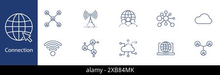 Connection set icon. Globe, wifi, antenna, people, cloud, network, online, digital. Internet, communication, connectivity concept. Stock Vector