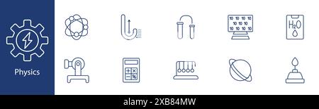 Physics set icon. Atom, magnet, calculator, Newton's cradle, planet. Science, research, experiments, physical laws concept. Stock Vector