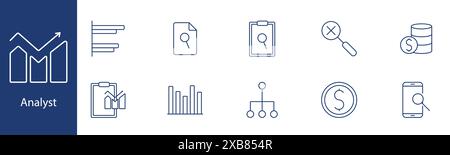 Analyst set icon. Bar chart, document, clipboard, data, money, hierarchy, graph, smartphone, coin, report. Business, finance, analysis concept. Stock Vector