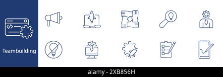 Teambuilding set icon. Hands, megaphone, rocket, ideas, teamwork, integration, leader, planning, unity, collaboration. Company culture, cooperation co Stock Vector