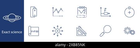 Exact science set icon. Battery, graph, formula, vector, charge, protractor, magnifier, gear. Mathematics, physics, engineering concept. Stock Vector