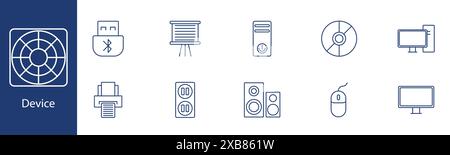 Device set icon. USB, projector, computer, disk, monitor, printer, outlet, speakers, mouse. Technology, electronics, equipment concept. Stock Vector