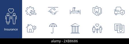 Insurance set icon. Family, handshake, hospital, shield, house, umbrella, contract, bank, protection, agreement. Security, coverage, policy concept. Stock Vector
