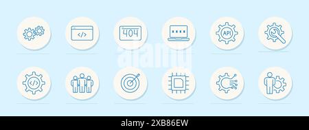 Web development set icon. Gears, code, 404 error, password, API, and target. Programming, software, technology concept. Stock Vector