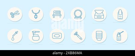 Salon tools set icon. Scissors, mirror, nail polish, razor, and soap. Beauty, grooming, personal care concept. Stock Vector