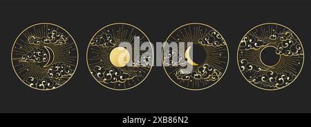 Golden sun moon cloud sky set Stock Vector