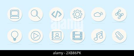 Multimedia set icon. Computer, magnifying glass, code, and music note. Technology, digital media, programming, and entertainment concept. Stock Vector