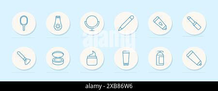 Cosmetic tools set icon. Hand mirror, brush, lipstick, and cream. Beauty, makeup, skincare, and personal care concept. Stock Vector