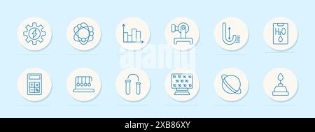 Education set icon. Calculator, atom, graph, and book. Learning, science, mathematics, and knowledge concept. Stock Vector