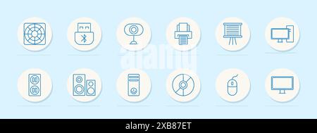 Technology set icon. Fan, USB, webcam, and printer. Electronics, computer accessories, and office equipment concept. Stock Vector
