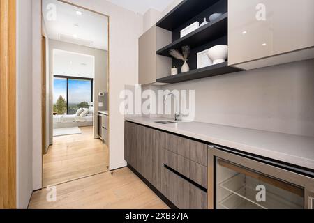 A Contemporary kitchen with sink, shelves, and a tall mirror Stock Photo