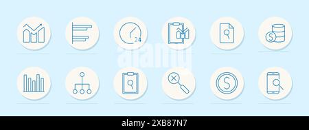 Data analytics set icon. Chart, clock, clipboard, and database. Statistics, performance, and business metrics concept. Stock Vector