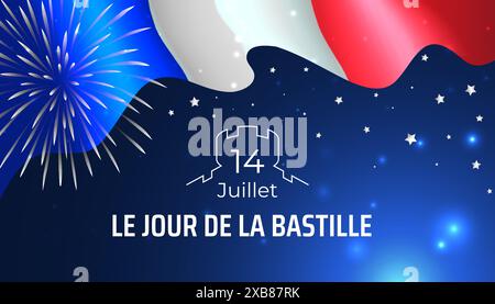Banner 14 july bastille day in france, poster with french flag, fireworks, stars on dark blue sky background. French national holiday. Waving france Stock Vector