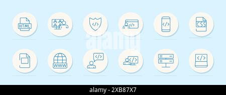 Web development set icon. HTML, team, shield, user, mobile coding, CSS, document, WWW, speech bubble, code presentation. Coding, programming, cybersec Stock Vector