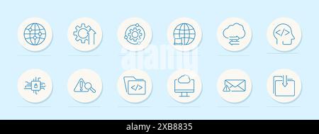 Technology set icon. Fan, USB, webcam, printer, projector, monitor, outlet, speaker, server, CD, mouse. Electronics, computer accessories, office equi Stock Vector