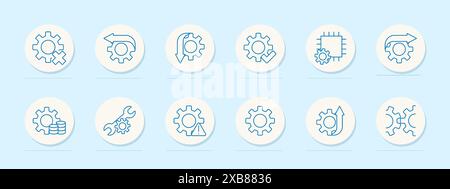 Engineering set icon. Gears, arrows, wrench, chip, coins, settings. Mechanical, technical, automation concept. Vector line icons on blue background. Stock Vector
