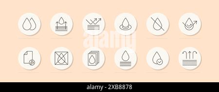 Moisture set icon. Drops, water resistant, waterproof, absorbent, non-absorbent, moisture control. Textile, fabric, material concept. Vector line icon Stock Vector