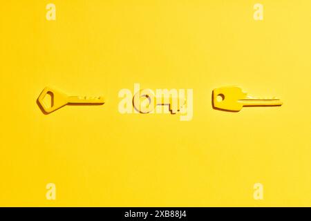 Yellow keys on vibrant yellow background. Flat lay Stock Photo
