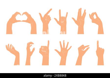 Set of raised human hands showing different gestures. Vector illustration of human hands Stock Vector